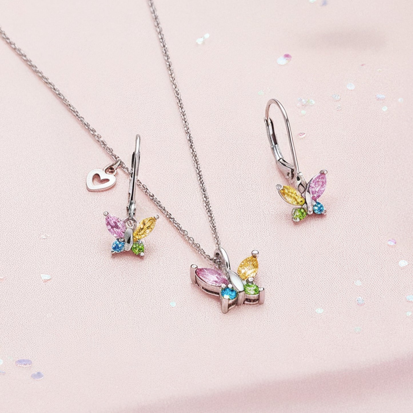 Kinder Halskette Edelstahl Schmetterling mit Zirkonia multicolor