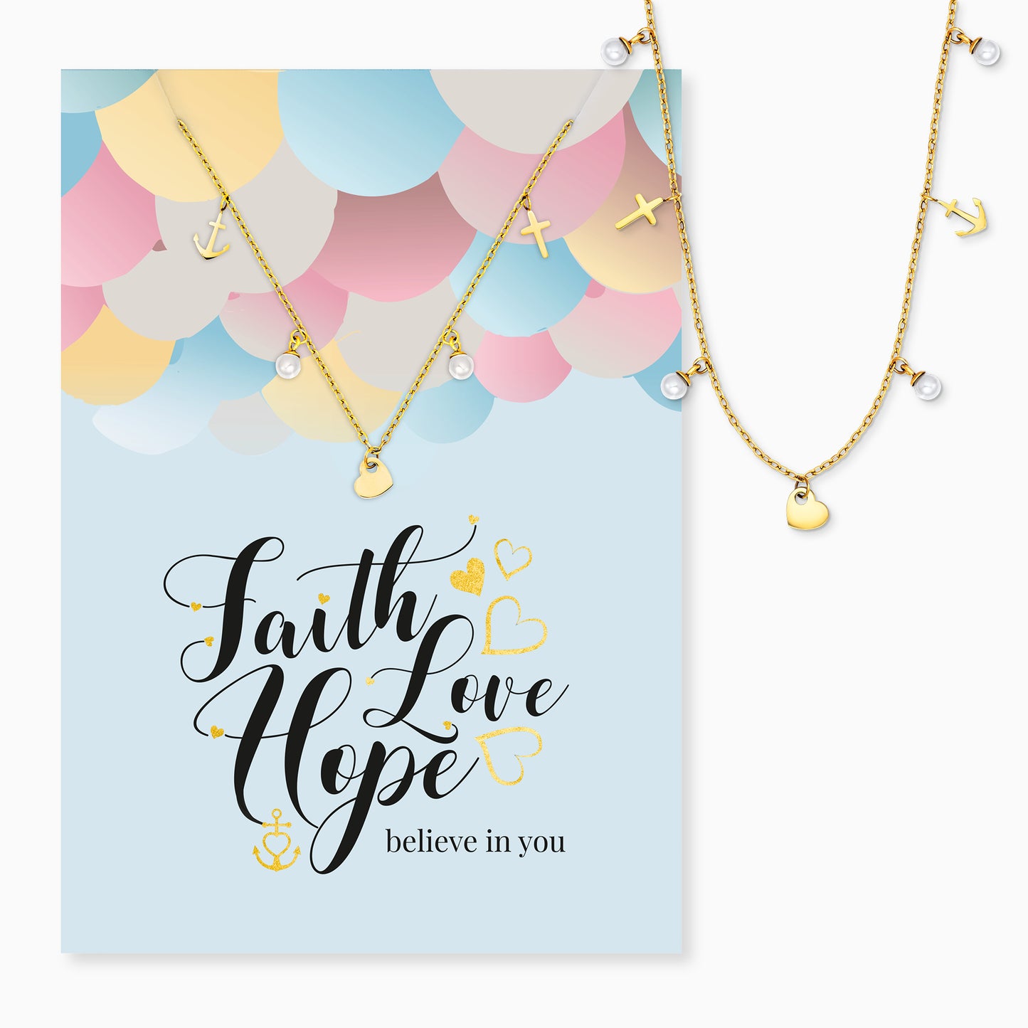 Halskette Edelstahl Gold mit Grußkarte Faith Love Hope