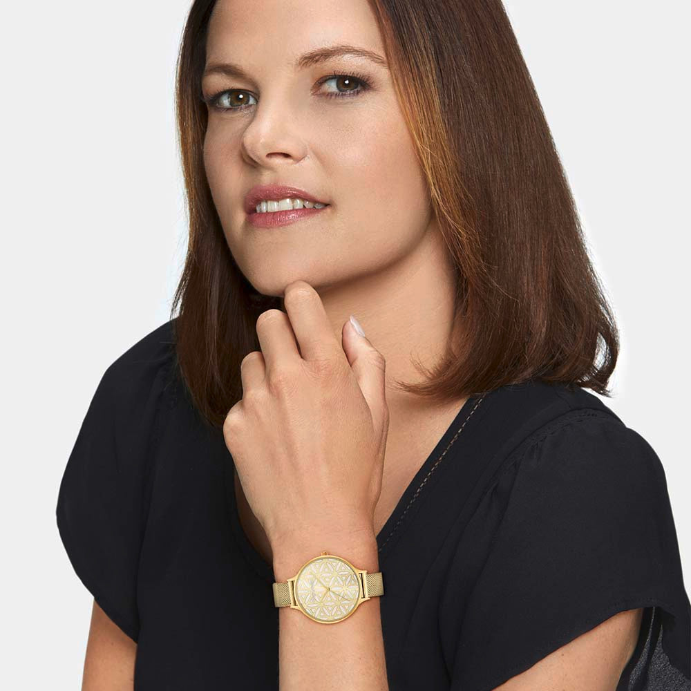 Uhr Edelstahl Lebensblume mit Edelstahl Mesh-Band Gold