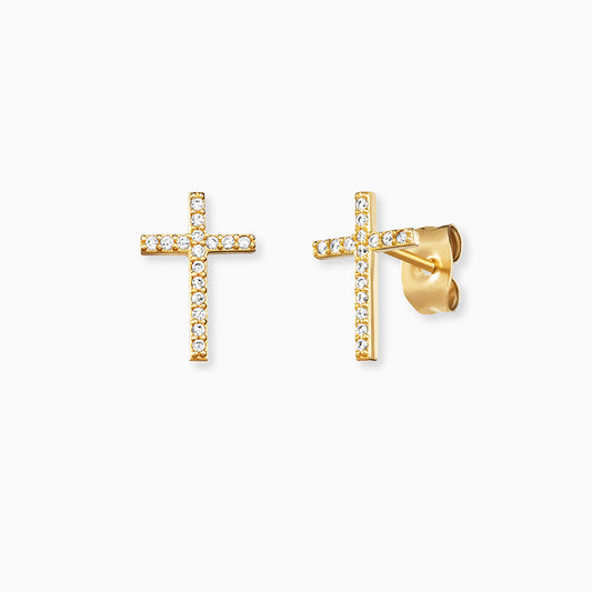 Engelsrufer Kreuz Ohrstecker in Gold mit funkelnden Zirkonia-Steinen