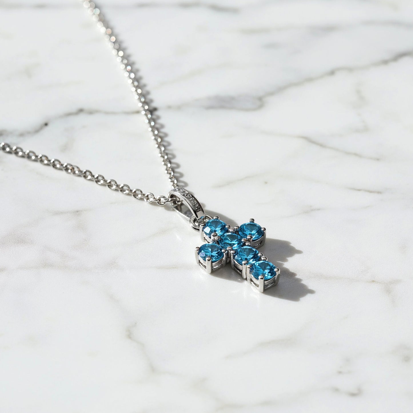 Halskette 925er Silber Kreuz mit Zirkonia blau