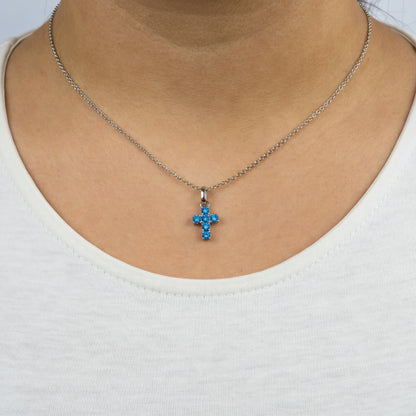 Halskette 925er Silber Kreuz mit Zirkonia blau