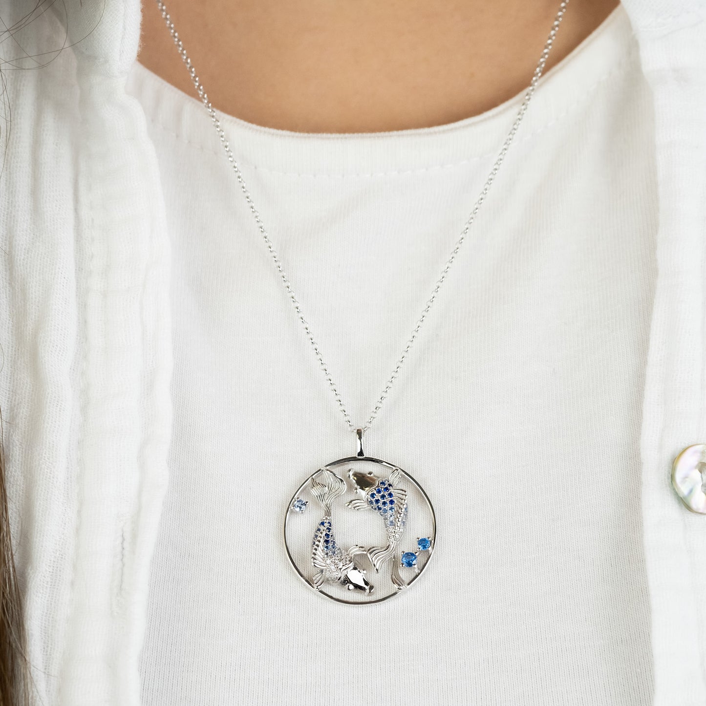 Halskette 925er Silber Yin Yang Fische mit Zirkonia Multicolor