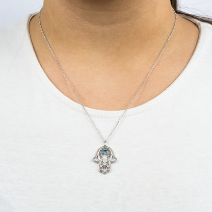 Halskette 925er Silber Hand Fatimas mit Zirkonia blau