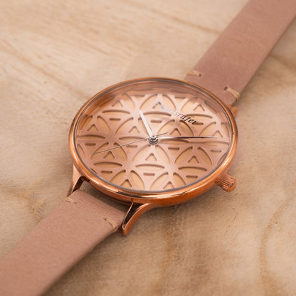 Watch Stainless Steel Flower of Life Rose Gold with Nubuck Leather Strap Light Brown