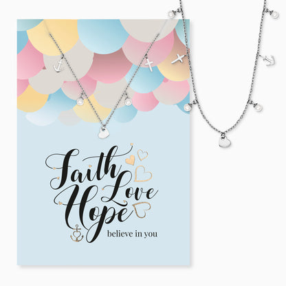 Halskette Edelstahl Silber mit Grußkarte Faith Love Hope