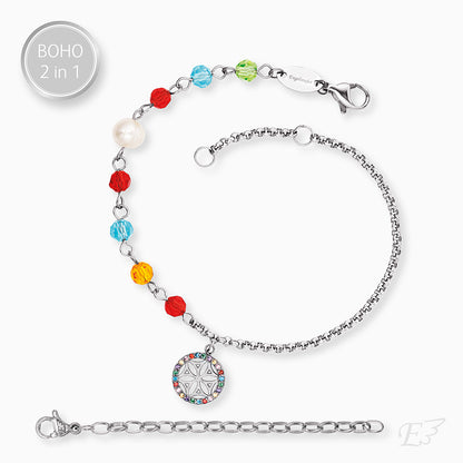 2er Duo Set Armband Edelstahl BOHO Lebensblume Zirkonia Multicolor & Halskette Edelstahl Silber Love Grußkarte