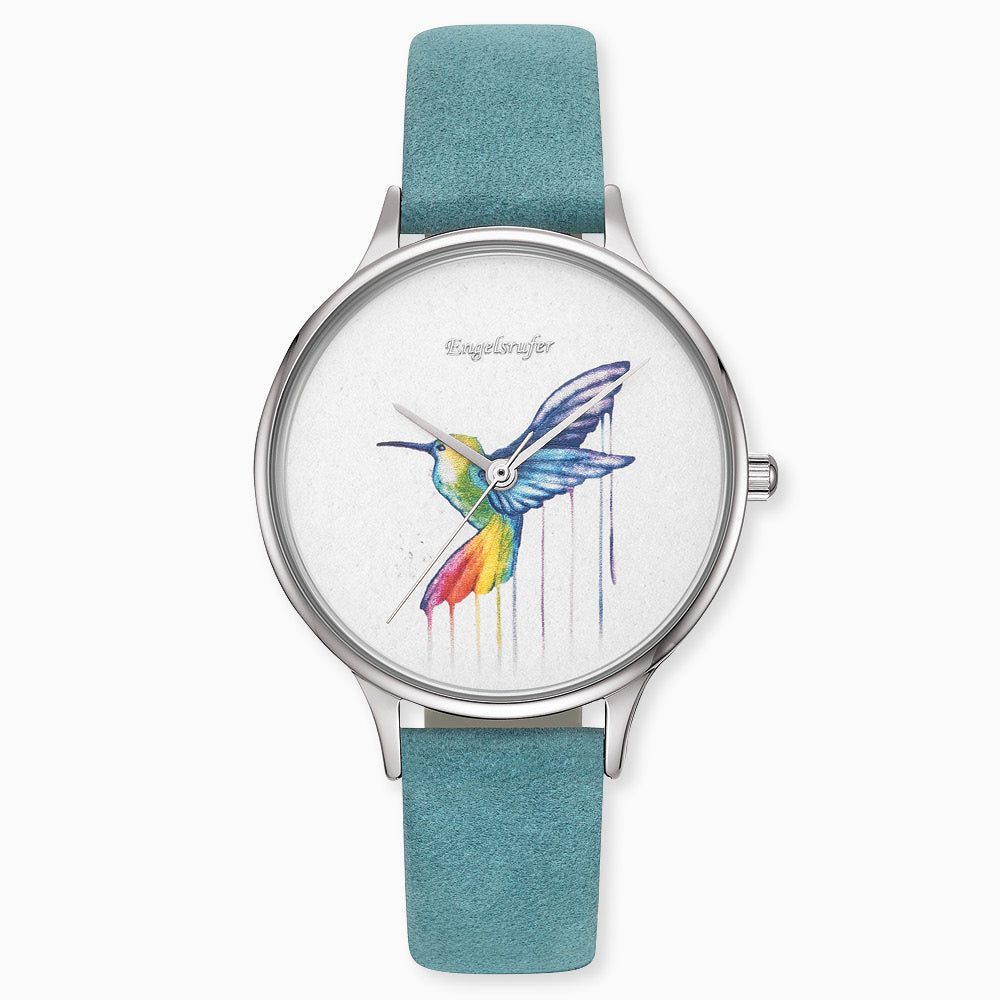 Engelsrufer Kinderuhr mit paradise colibri silber lederband beigemotiv in Multicolor