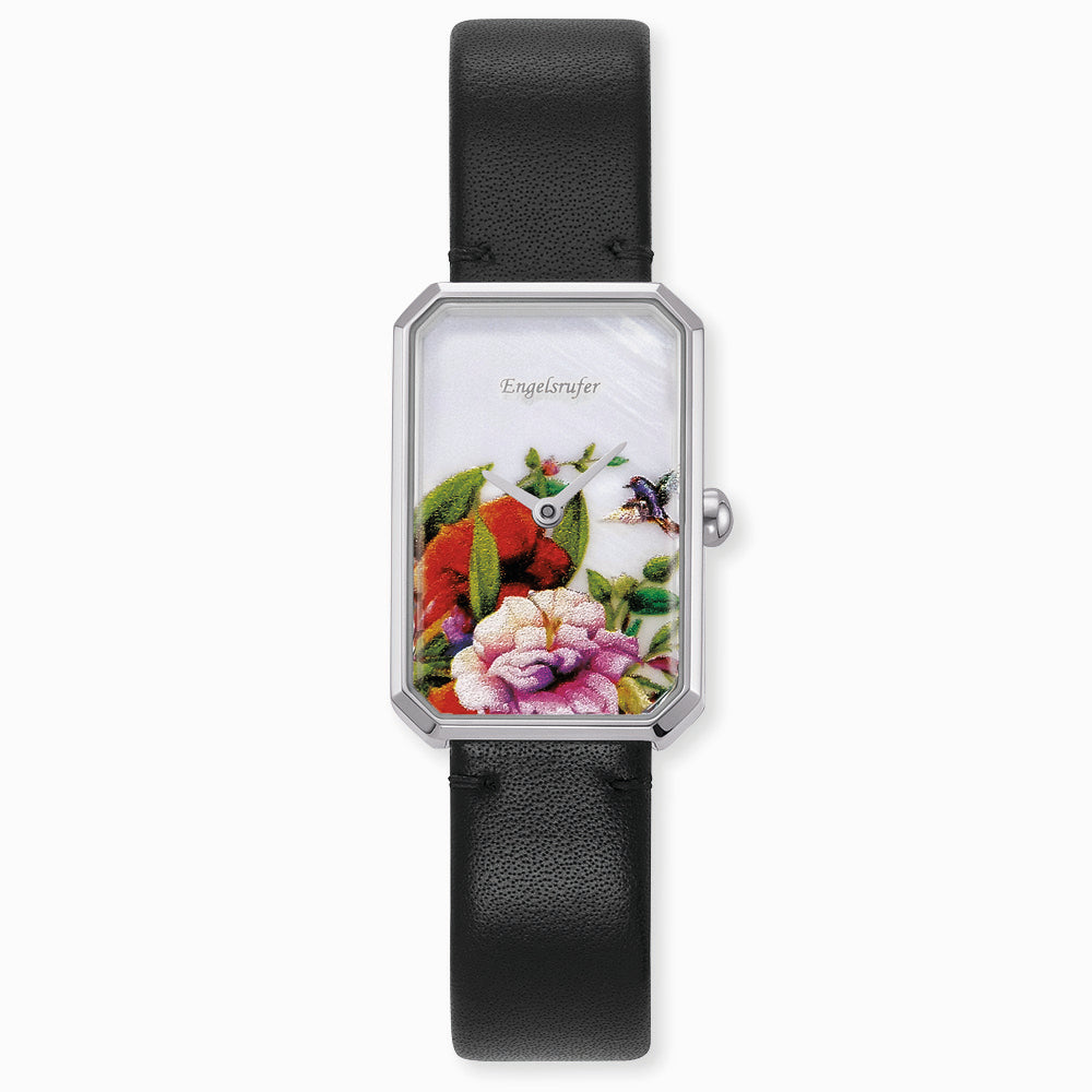 Engelsrufer Kinderuhr mit blume silber lederband schwarzmotiv in Multicolor