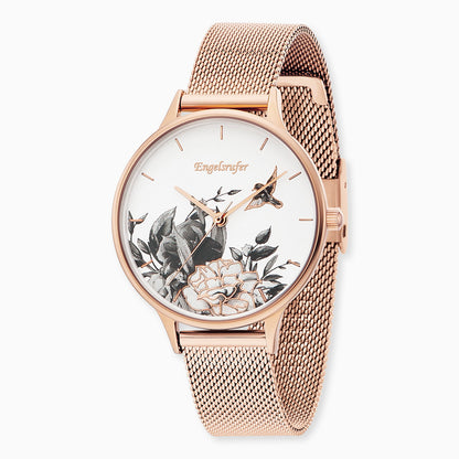 Uhr Edelstahl Blume Roségold mit Edelstahl Mesh-Band Roségold
