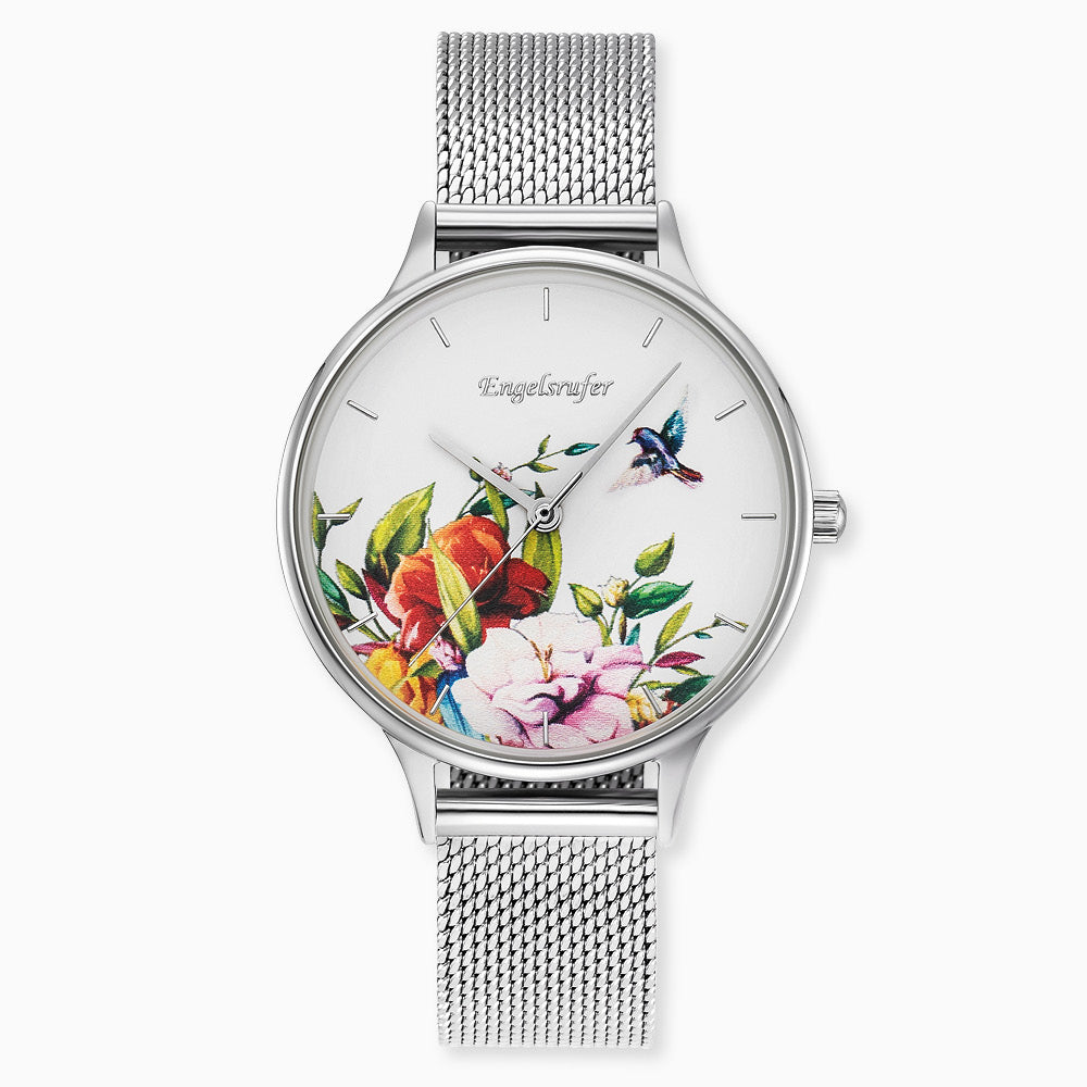 Engelsrufer Kinderuhr mit blume silber meshband silbermotiv in Multicolor