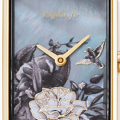 Uhr Edelstahl Blume Gold mit Nubuk Lederband Nachtblau