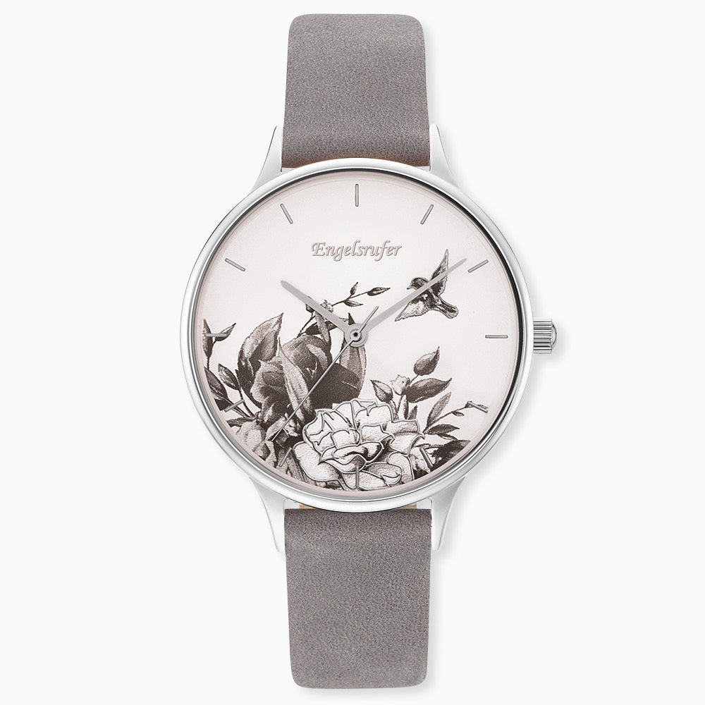 Engelsrufer Kinderuhr mit blume silber nubuk lederband graumotiv in Multicolor