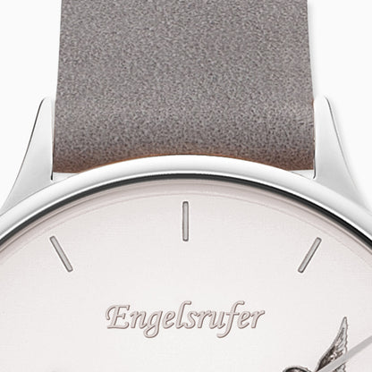 Uhr Edelstahl Blume Silber mit Nubuk Lederband Grau