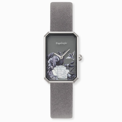 Uhr Edelstahl Blume mit Nubuk Lederband Grau