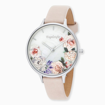 Uhr Edelstahl Blume mit Lederband Beige