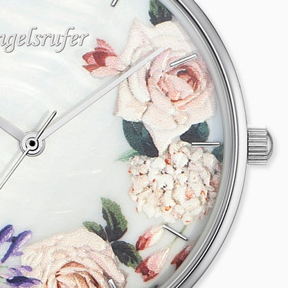 Uhr Edelstahl Blume mit Lederband Beige