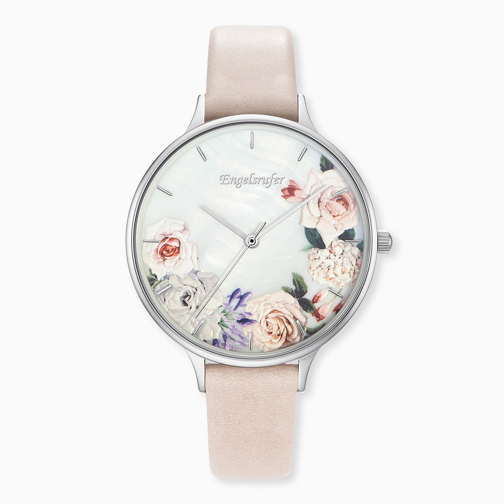 Engelsrufer Kinderuhr mit blume silber lederband beigemotiv in Multicolor