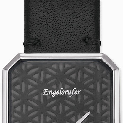 Uhr Edelstahl Lebensblume mit Lederband Schwarz