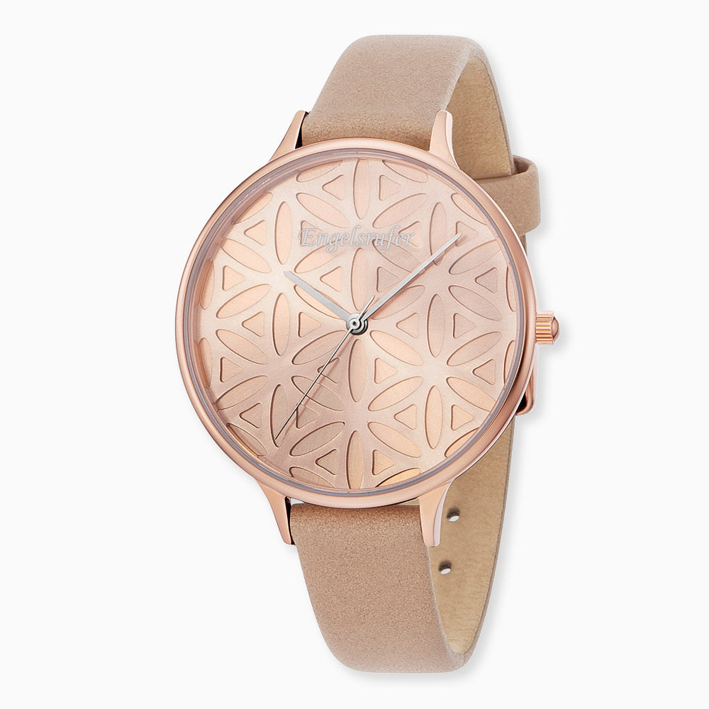 Watch Stainless Steel Flower of Life Rose Gold with Nubuck Leather Strap Light Brown