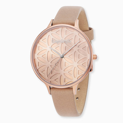 Watch Stainless Steel Flower of Life Rose Gold with Nubuck Leather Strap Light Brown