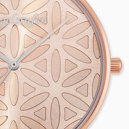 Watch Stainless Steel Flower of Life Rose Gold with Nubuck Leather Strap Light Brown