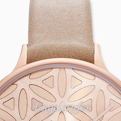 Watch Stainless Steel Flower of Life Rose Gold with Nubuck Leather Strap Light Brown