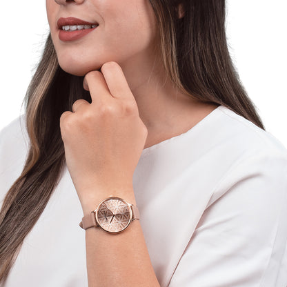 Watch Stainless Steel Flower of Life Rose Gold with Nubuck Leather Strap Light Brown