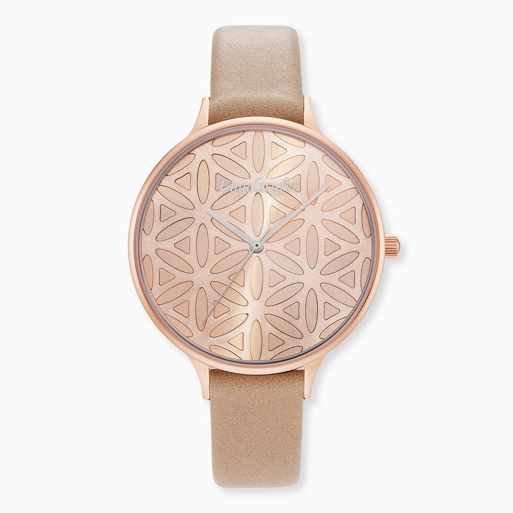 Engelsrufer Kinderuhr mit lebensblume roségold lederband braunmotiv in Multicolor