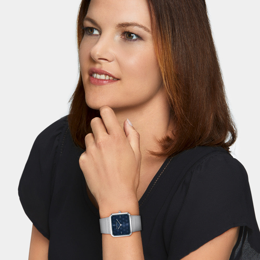 Uhr Edelstahl Lebensblume Blau mit Edelstahl Mesh-Band