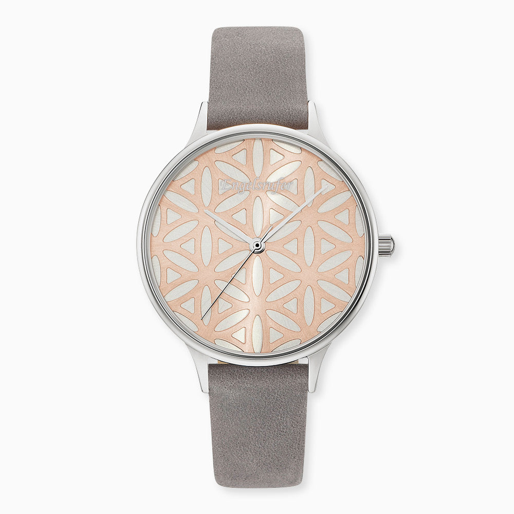Engelsrufer Kinderuhr mit lebensblume silber nubukleder band graumotiv in Multicolor