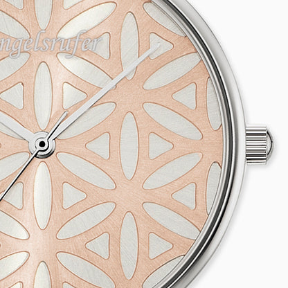 Uhr Edelstahl Lebensblume Bicolor mit Nubuk Lederband Grau