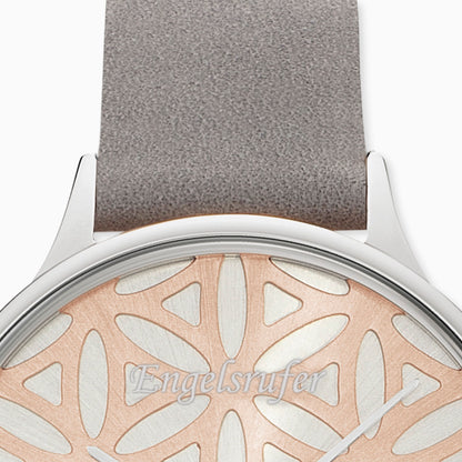Uhr Edelstahl Lebensblume Bicolor mit Nubuk Lederband Grau
