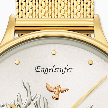 Uhr Edelstahl Lebensbaum mit Mesh-Band Gold