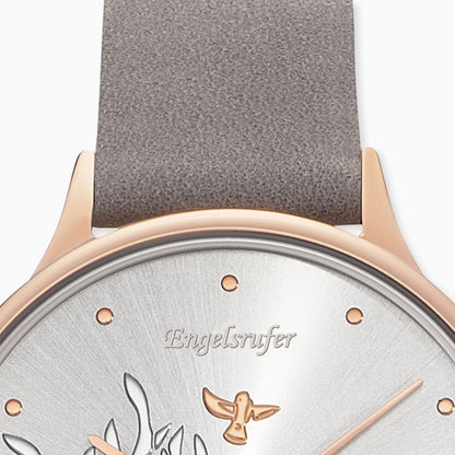Uhr Edelstahl Lebensbaum Tricolor mit Lederband Grau