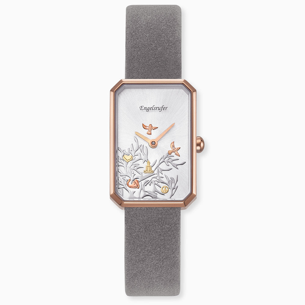 Engelsrufer Kinderuhr mit lebensbaum roségold nubuk lederband graumotiv in Multicolor