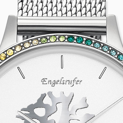 Uhr Edelstahl Lebensbaum mit Zirkonia Multicolor und Edelstahl Mesh-Band