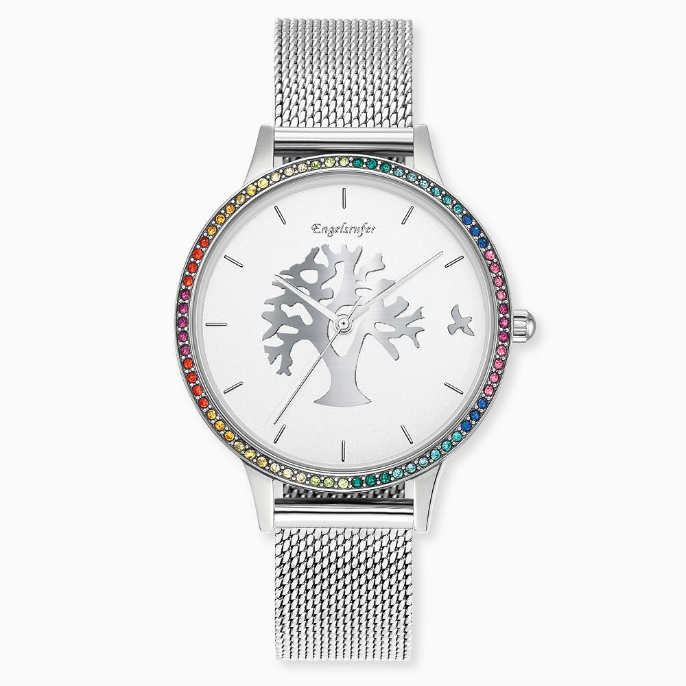 Engelsrufer Kinderuhr mit lebensbaum silber mit zirkonia meshband silbermotiv in Multicolor