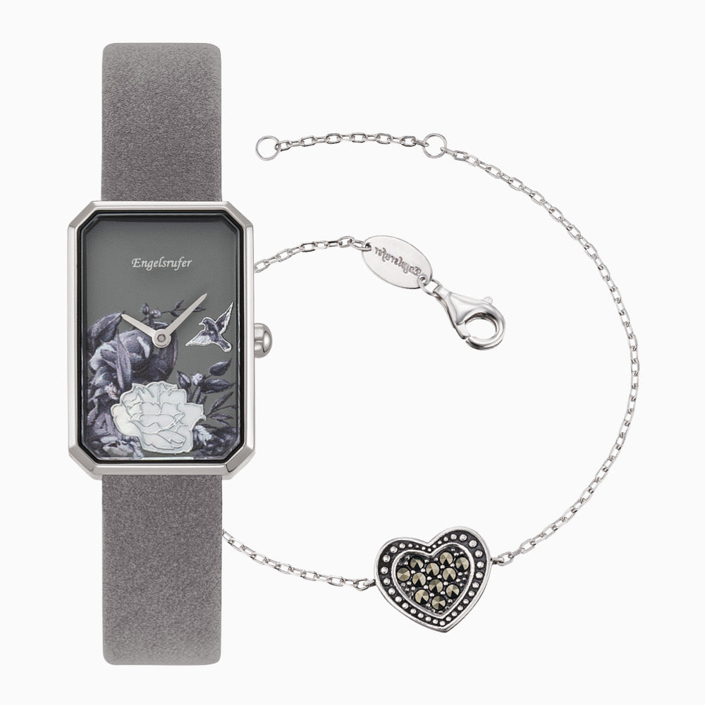 Engelsrufer Uhr Blume grau mit Nubuck Leder band grau und Schmuck Armband Schmuckset