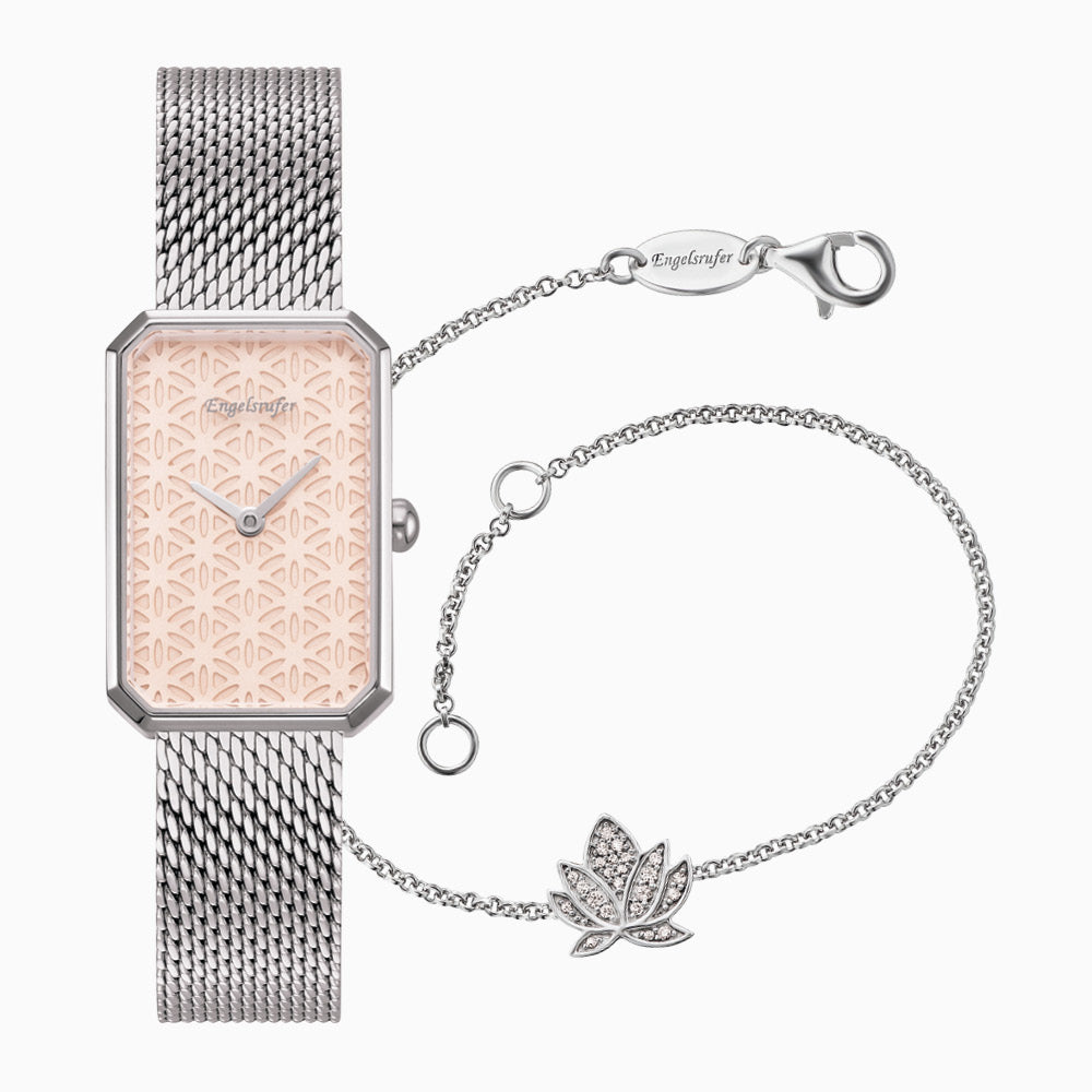 Engelsrufer Uhr Lebensblume mit Meshband Schmuckset aus Silber mit Schmuck Armband