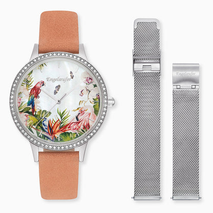 Engelsrufer Uhr Paradise Schmuckset aus Silber mit funkelnden Zirkonia-Steinen Nubukleder Koralle und Wechselband Meshband silber
