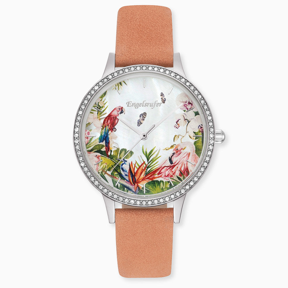 Set Uhr Edelstahl Paradise mit Zirkonia Nubuk Lederband Koralle & Edelstahl Mesh-Band