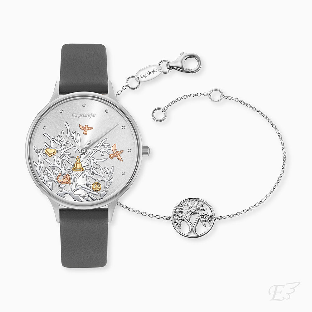 Engelsrufer Uhr Lebensbaum Schmuckset in Tricolor-Optik mit Lederband grau und Schmuck Armband