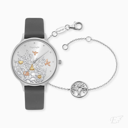 Engelsrufer Uhr Lebensbaum Schmuckset in Tricolor-Optik mit Lederband grau und Schmuck Armband